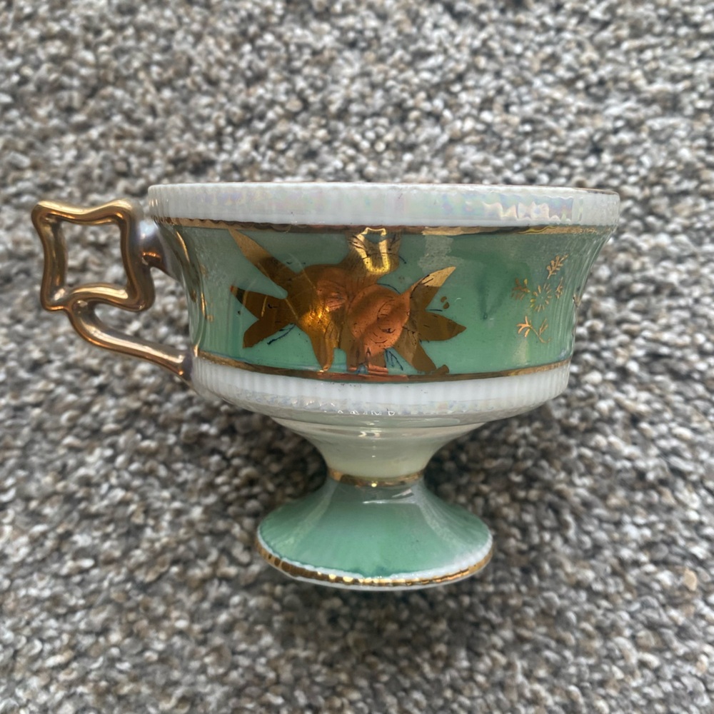 Ornate Mid-century Mint Green Lusterware Pedestal Teacup